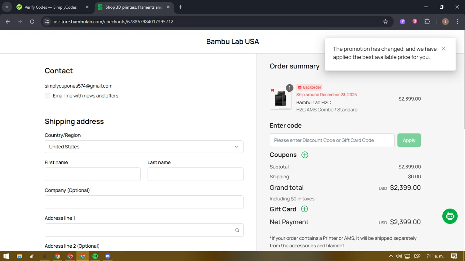 Bambu Lab discount code screenshot showing code BFCMDELAYPRINTER applied at Bambu Lab checkout page. Uploaded by SimplyCodes community member 61664350 on Dec 20, 2025