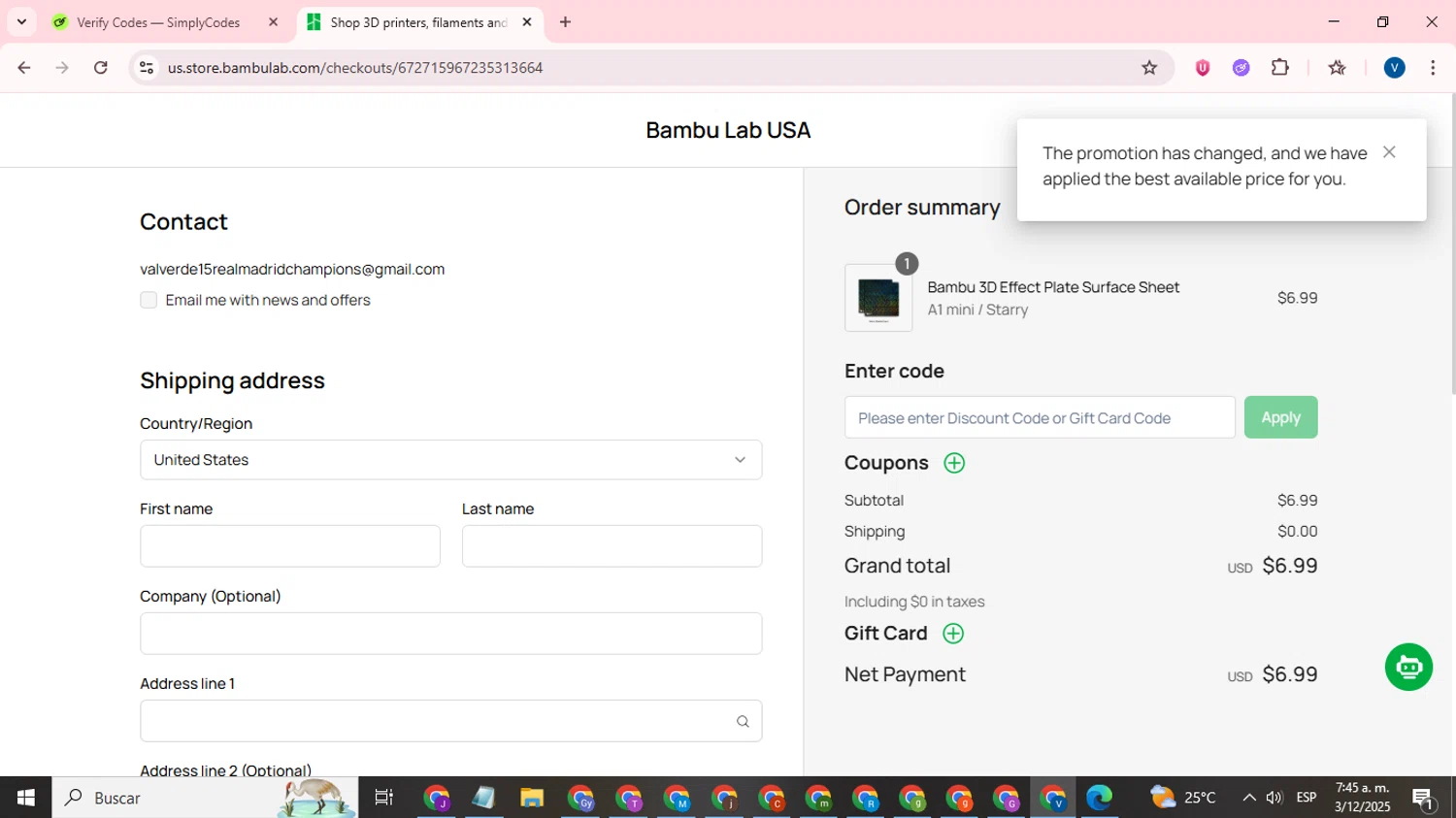 Bambu Lab checkout page showing Bambu Lab discount code box | Screenshot taken by SimplyCodes community member on Dec 3, 2025