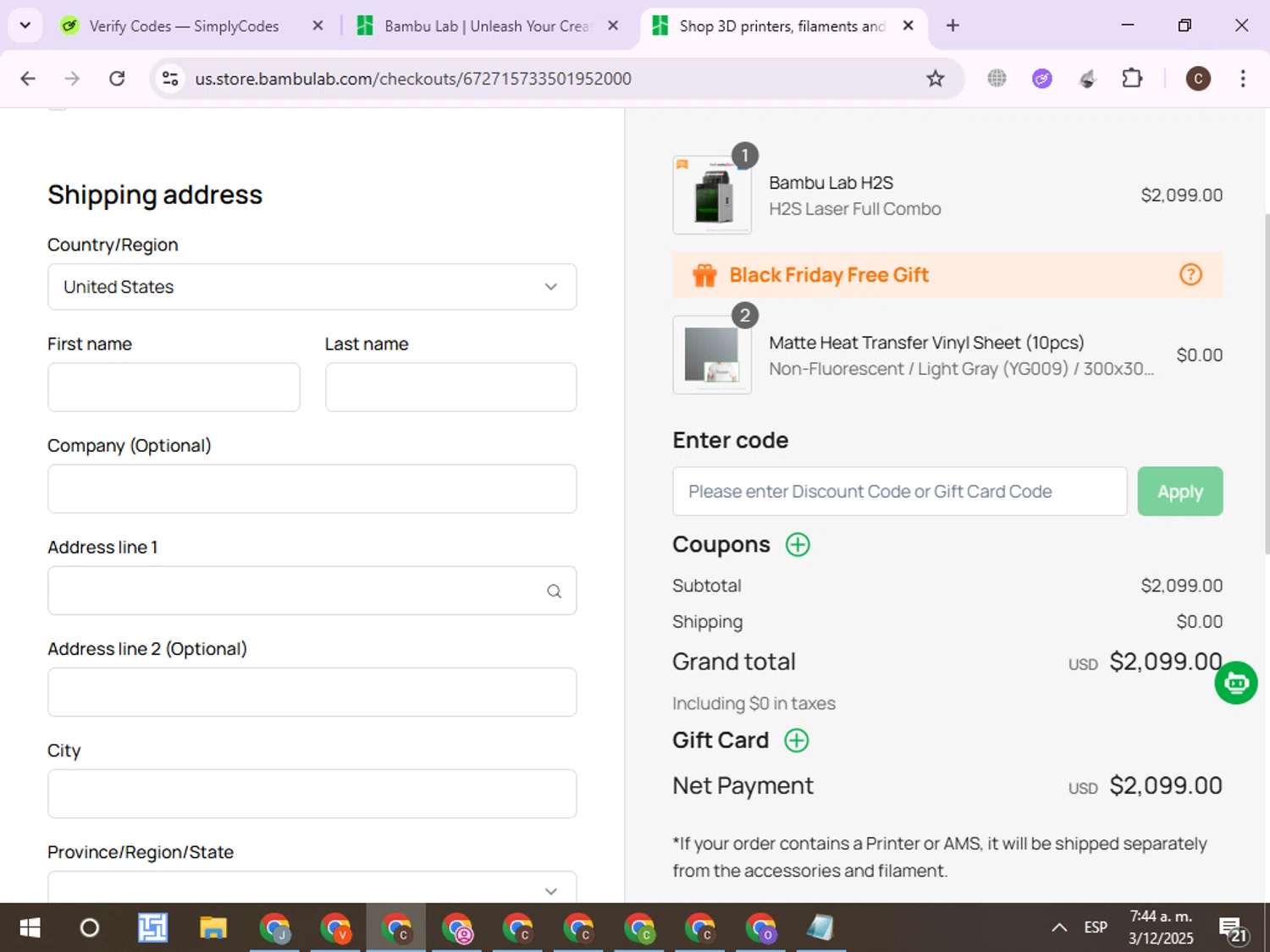Bambu Lab checkout page showing Bambu Lab discount code box | Screenshot taken by SimplyCodes community member on Dec 3, 2025