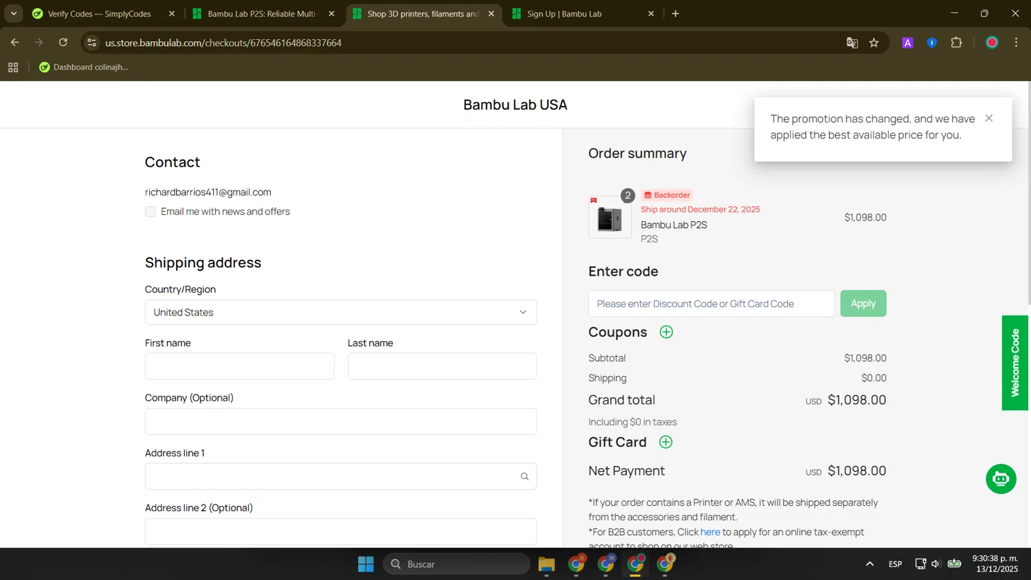 Bambu Lab discount code screenshot showing code BFCMDELAYPRINTER applied at Bambu Lab checkout page. Uploaded by SimplyCodes community member FortunateElite9977 on Dec 14, 2025