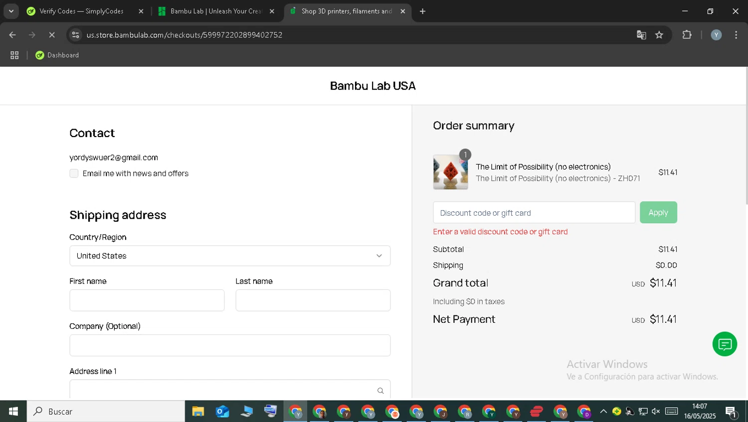 Bambu Lab discount code screenshot showing code 3DPX1CPCUT applied at Bambu Lab checkout page. Uploaded by SimplyCodes community member QuestSpotter1604 on May 16, 2025