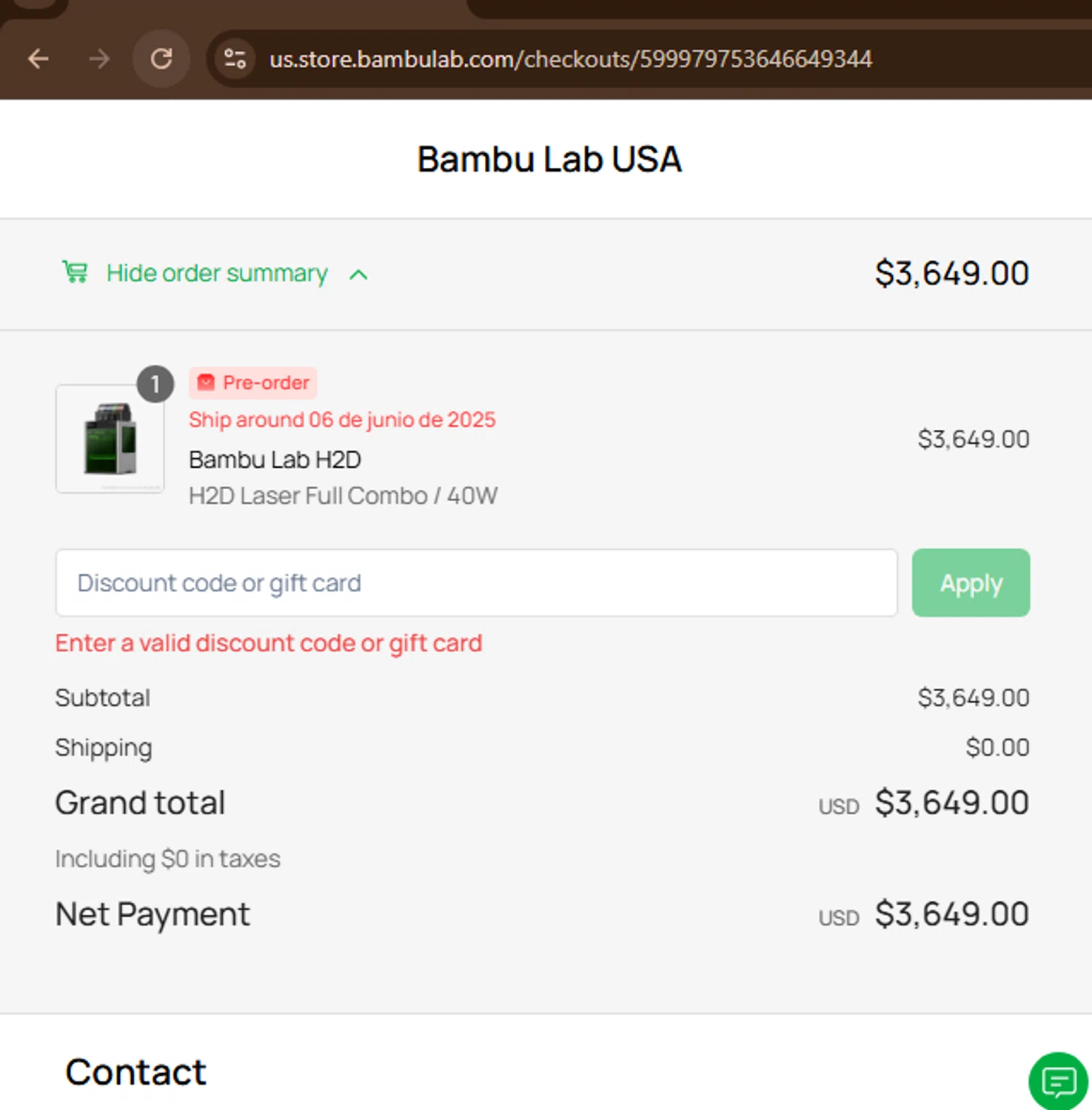 Bambu Lab discount code screenshot showing code 3DPX1CPCUT applied at Bambu Lab checkout page. Uploaded by SimplyCodes community member ShieldCaptain7812 on May 16, 2025