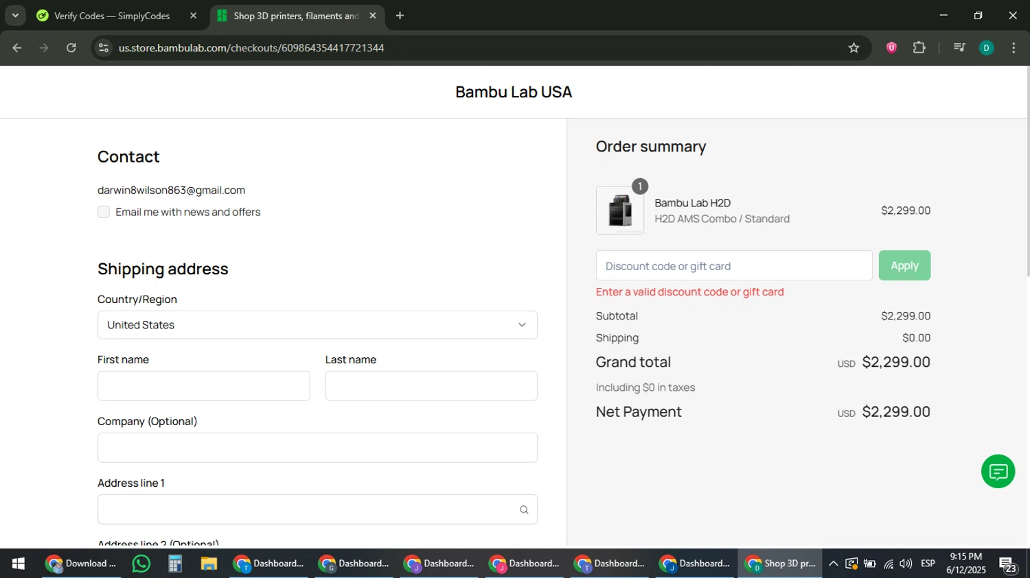 Bambu Lab discount code screenshot showing code IVS6M3URSYHN applied at Bambu Lab checkout page. Uploaded by SimplyCodes community member ThriftyLion6776 on Jun 13, 2025