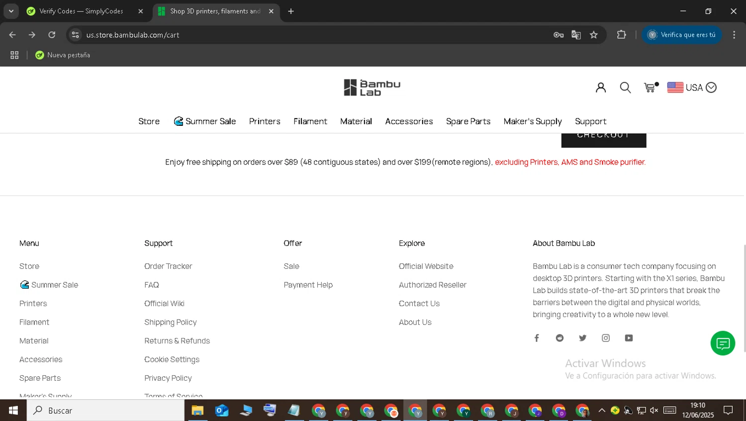 Bambu Lab discount code screenshot showing code IVS6M3URSYHN applied at Bambu Lab checkout page. Uploaded by SimplyCodes community member TreasureGuardian552 on Jun 12, 2025