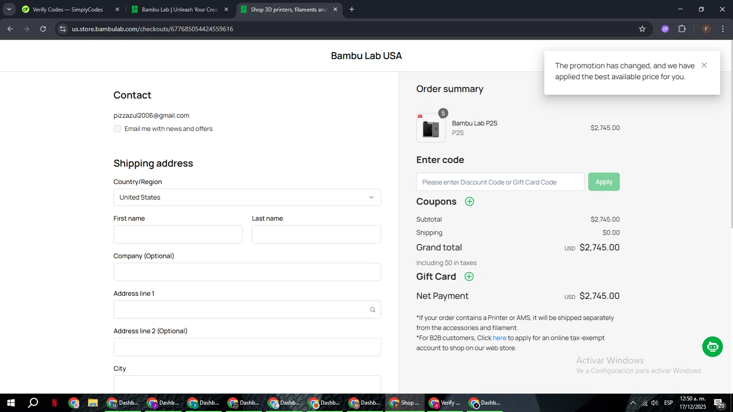 Bambu Lab checkout page showing Bambu Lab discount code box | Screenshot taken by SimplyCodes community member on Dec 17, 2025