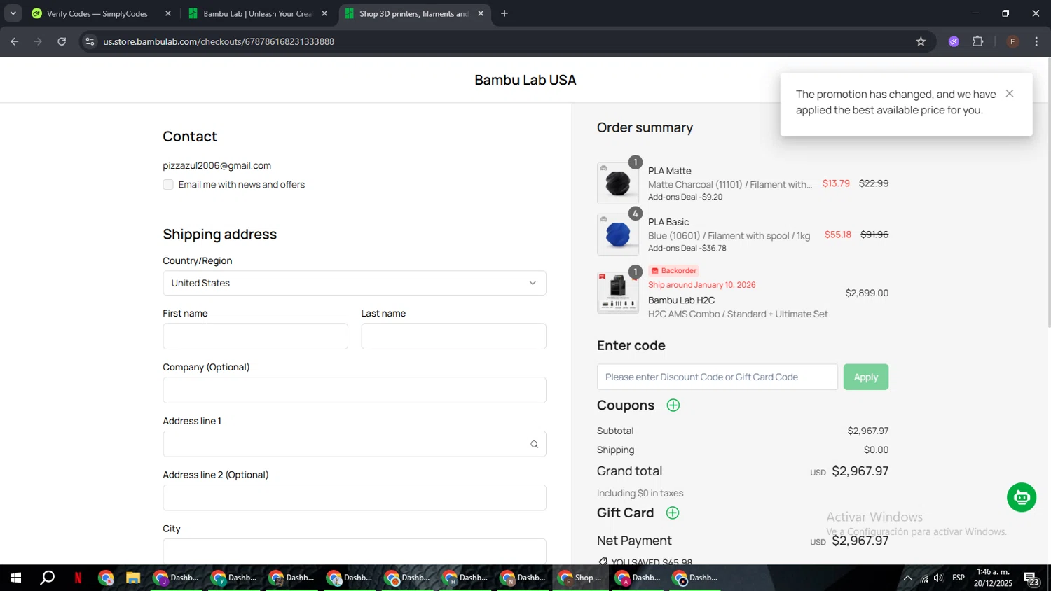 Bambu Lab discount code screenshot showing code BFCMDELAYFILAMENTS&ACC applied at Bambu Lab checkout page. Uploaded by SimplyCodes community member ExtraordinaryHunter3076 on Dec 20, 2025