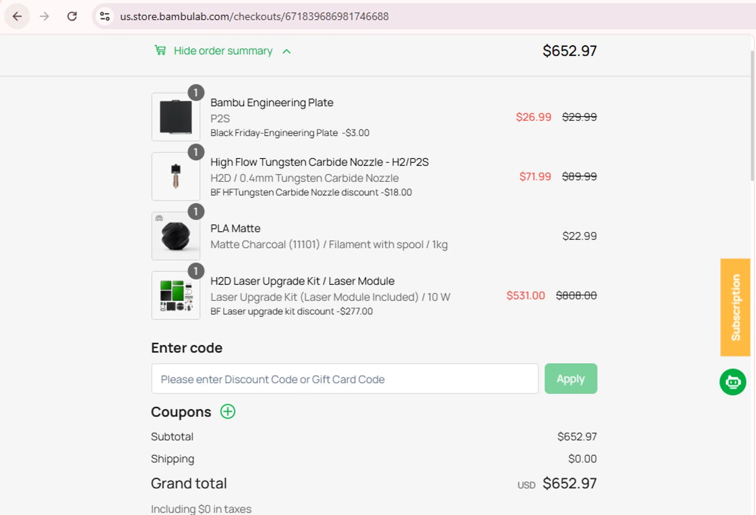 Bambu Lab discount code screenshot showing code BFCMDELAYFILAMENTS&ACC applied at Bambu Lab checkout page. Uploaded by SimplyCodes community member PromoExpert5262 on Dec 1, 2025
