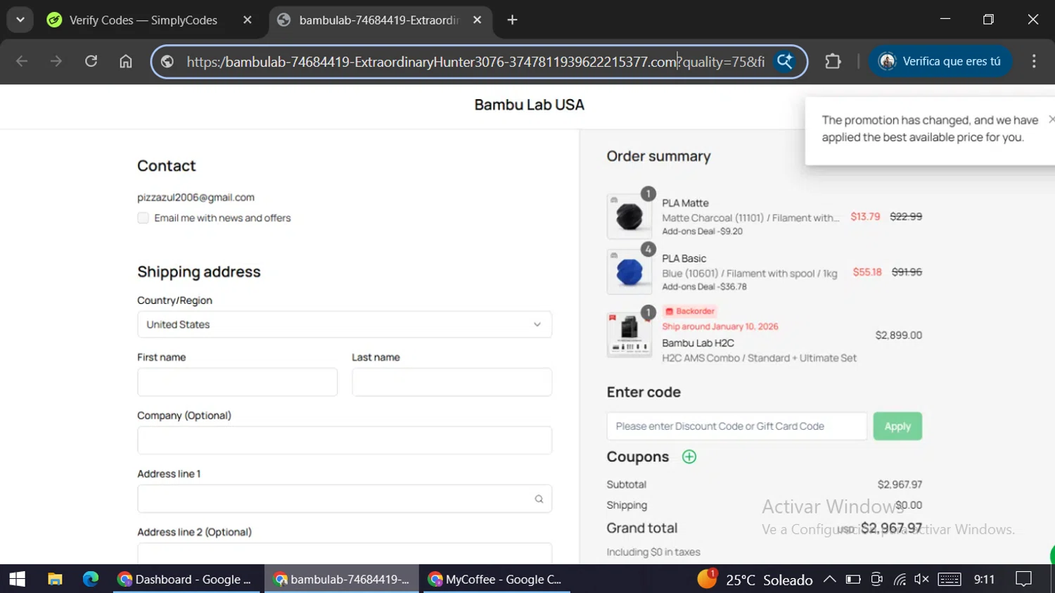 Bambu Lab discount code screenshot showing code BFCMDELAYFILAMENTS&ACC applied at Bambu Lab checkout page. Uploaded by SimplyCodes community member ariannycfh on Dec 26, 2025
