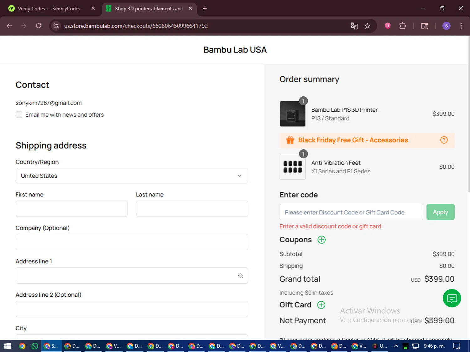 Bambu Lab discount code screenshot showing code 3DPP1S applied at Bambu Lab checkout page. Uploaded by SimplyCodes community member LuckyVoyager688 on Oct 31, 2025