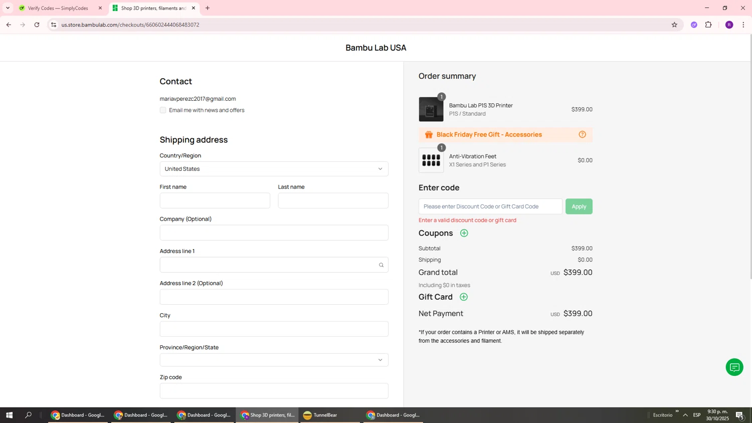 Bambu Lab discount code screenshot showing code 3DPP1S applied at Bambu Lab checkout page. Uploaded by SimplyCodes community member ukemochi on Oct 31, 2025