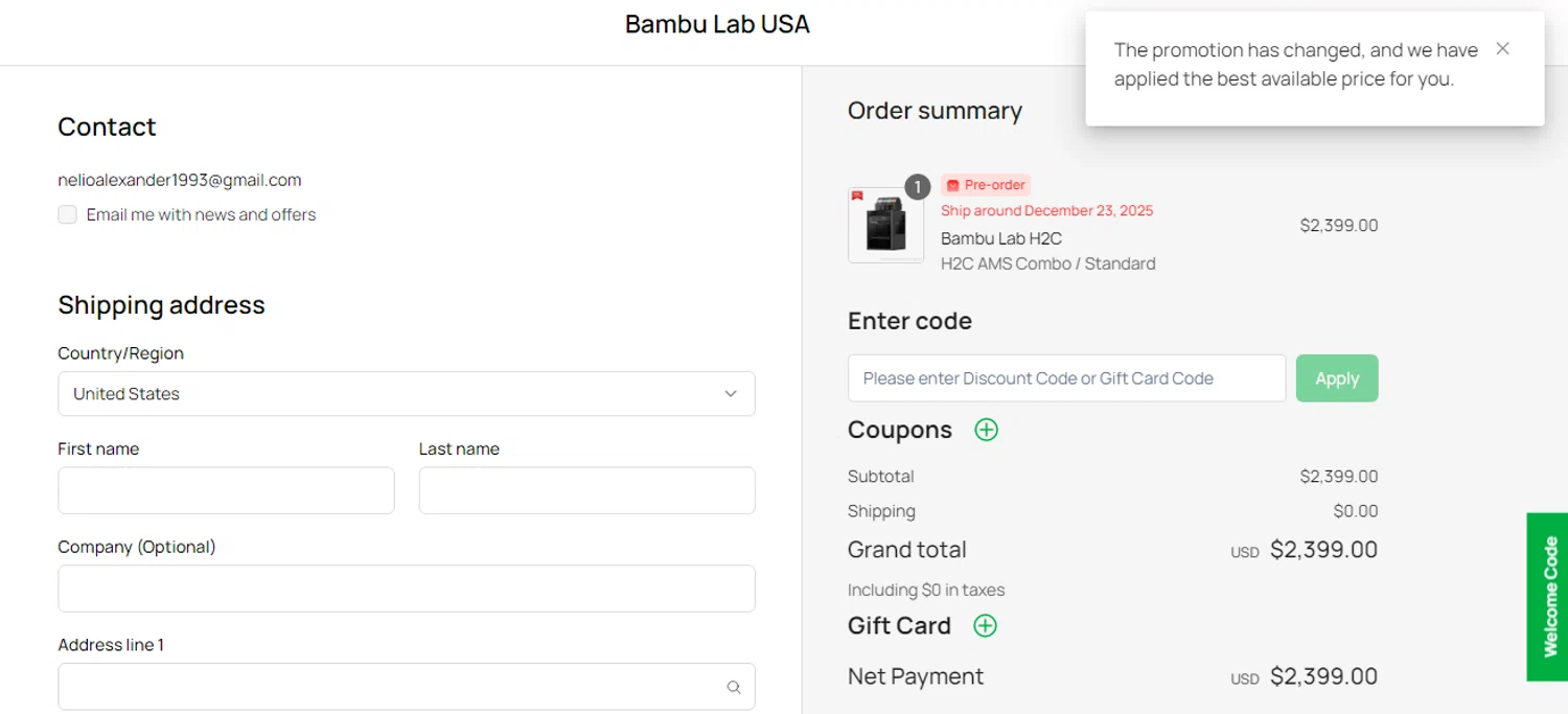 Bambu Lab discount code screenshot showing code BFCMDELAYPRINTER applied at Bambu Lab checkout page. Uploaded by SimplyCodes community member Alofoke on Dec 15, 2025