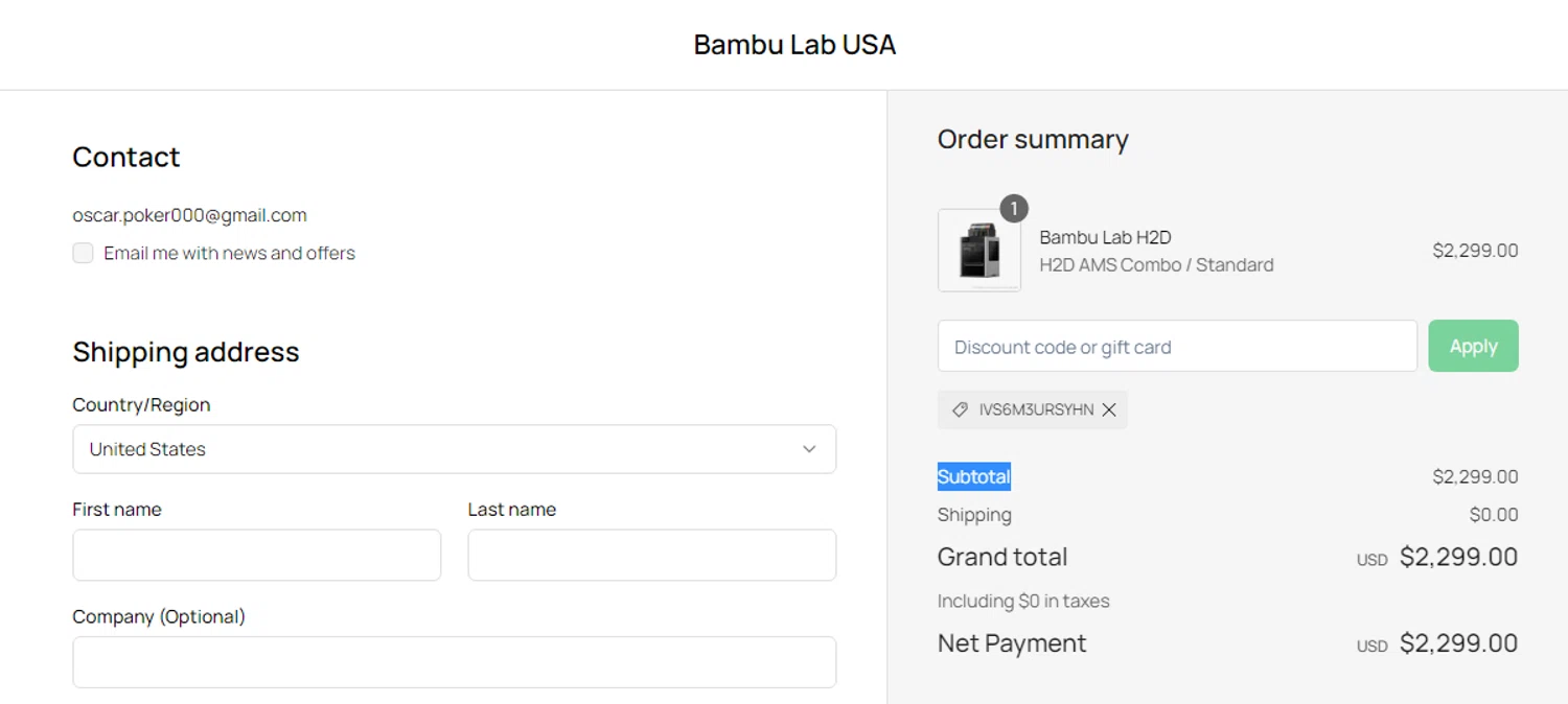 Bambu Lab discount code screenshot showing code IVS6M3URSYHN applied at Bambu Lab checkout page. Uploaded by SimplyCodes community member Alofoke on Jun 12, 2025