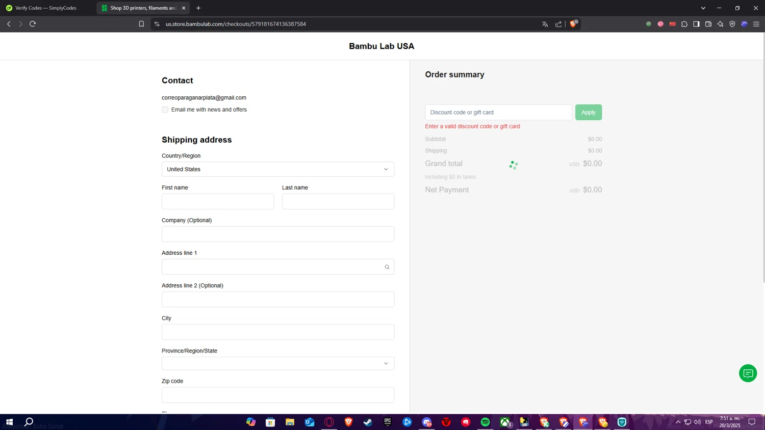 Bambu Lab USA Store discount code screenshot showing code 3DPA1MNY applied at Bambu Lab USA Store checkout page. Uploaded by SimplyCodes community member Nekiro on Mar 20, 2025