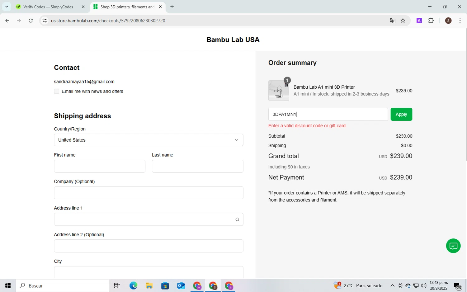 Bambu Lab USA Store discount code screenshot showing code 3DPA1MNY applied at Bambu Lab USA Store checkout page. Uploaded by SimplyCodes community member QuestPhoenix2794 on Mar 20, 2025