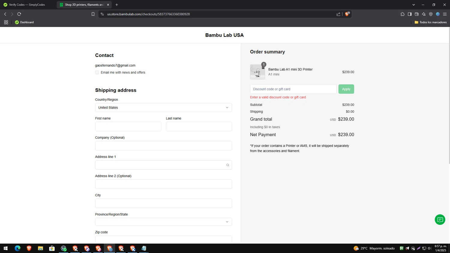 Bambu Lab USA Store discount code screenshot showing code 3DPA1MNY applied at Bambu Lab USA Store checkout page. Uploaded by SimplyCodes community member MagnificentAce6663 on Apr 1, 2025