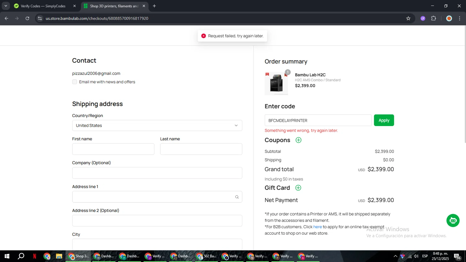 Bambu Lab USA Store discount code screenshot showing code BFCMDELAYPRINTER applied at Bambu Lab USA Store checkout page. Uploaded by SimplyCodes community member BonusCaptain9927 on Dec 26, 2025