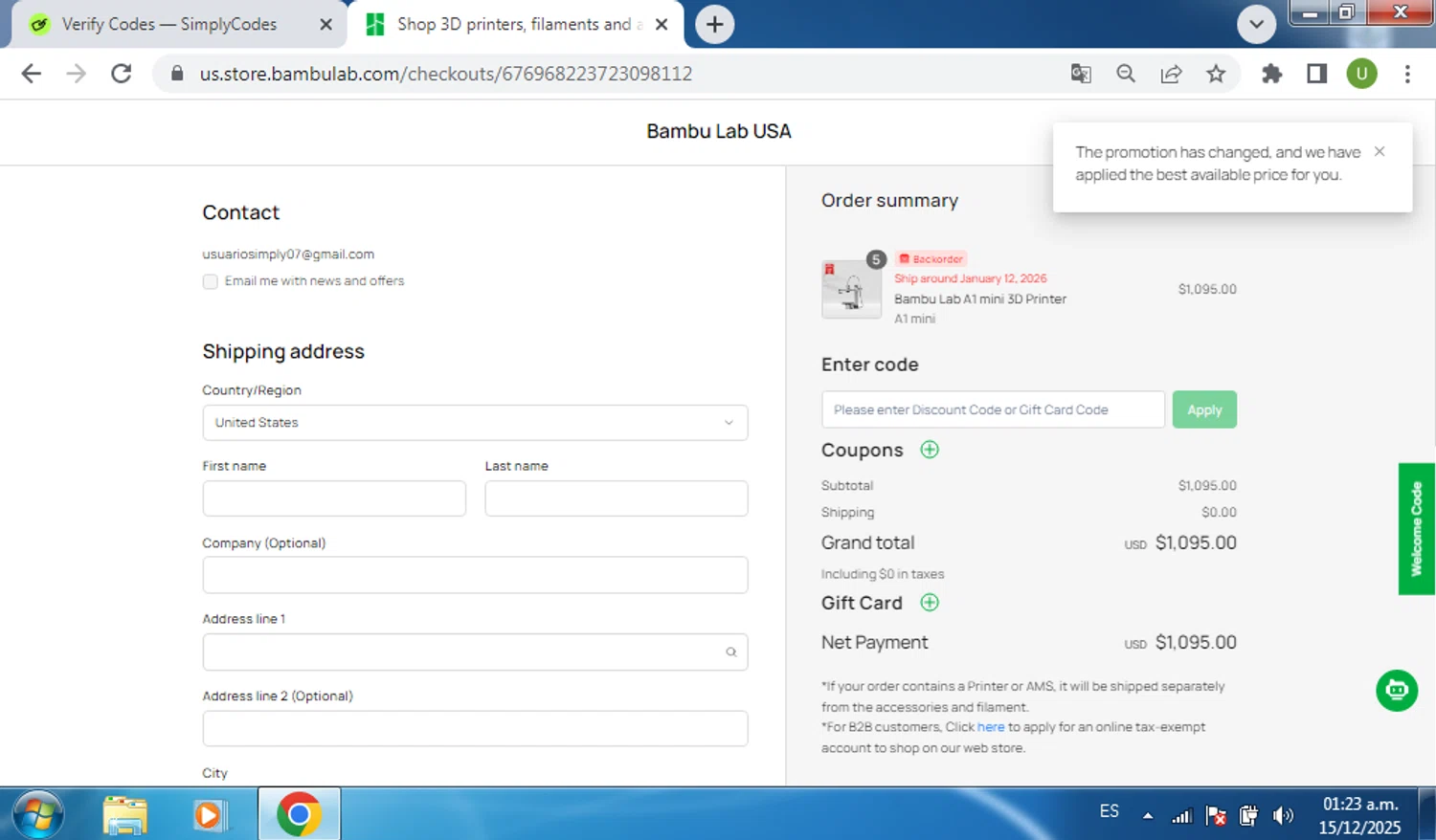 Bambu Lab USA Store checkout page showing Bambu Lab USA Store discount code box | Screenshot taken by SimplyCodes community member on Dec 15, 2025