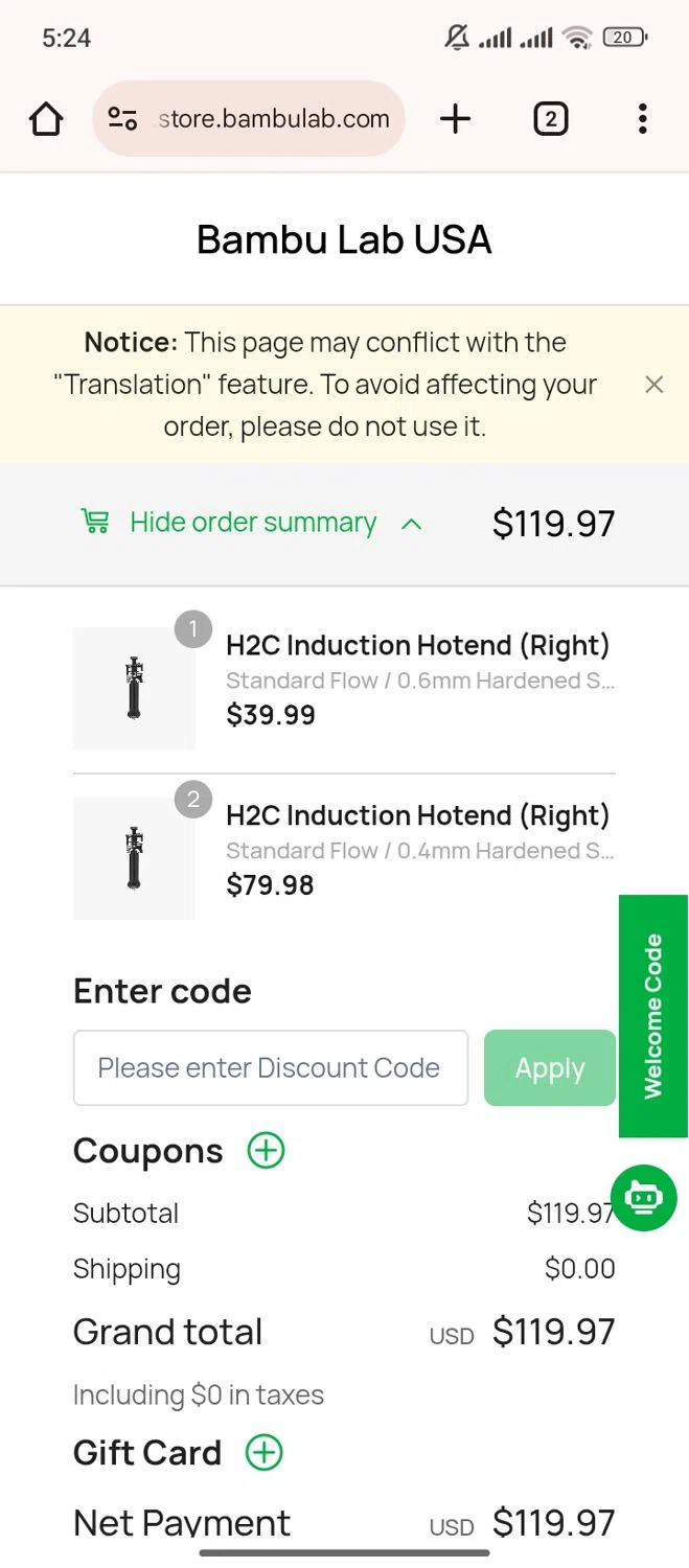 Bambu Lab USA Store discount code screenshot showing code BFCMDELAYPRINTER applied at Bambu Lab USA Store checkout page. Uploaded by SimplyCodes community member ParisSmith on Dec 25, 2025