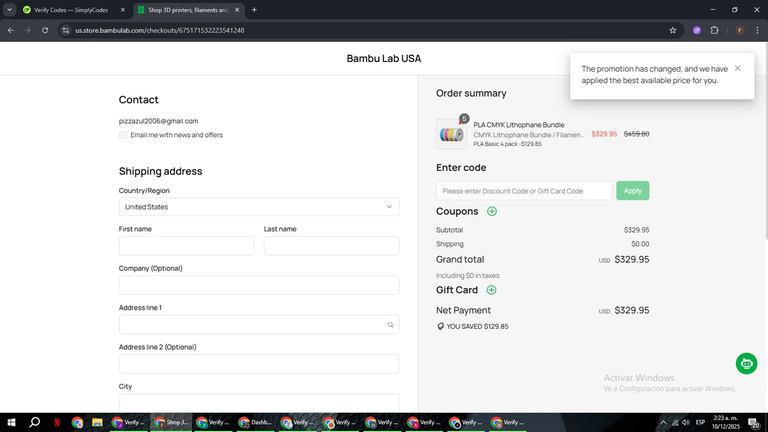 Bambu Lab USA Store discount code screenshot showing code BFCMDELAYFILAMENTS&ACC applied at Bambu Lab USA Store checkout page. Uploaded by SimplyCodes community member ExtraordinaryHunter3076 on Dec 10, 2025