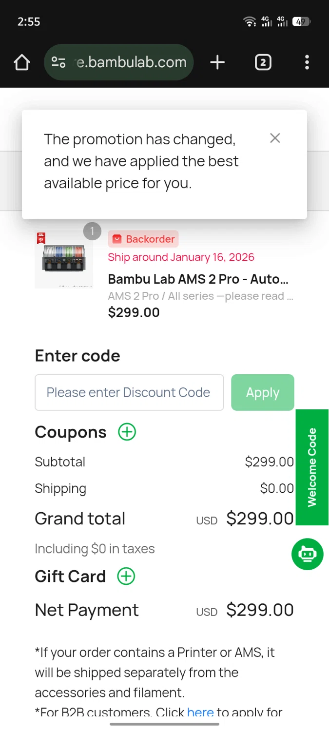Bambu Lab USA Store discount code screenshot showing code BFCMDELAYFILAMENTS&ACC applied at Bambu Lab USA Store checkout page. Uploaded by SimplyCodes community member SInNOMBRE on Dec 25, 2025