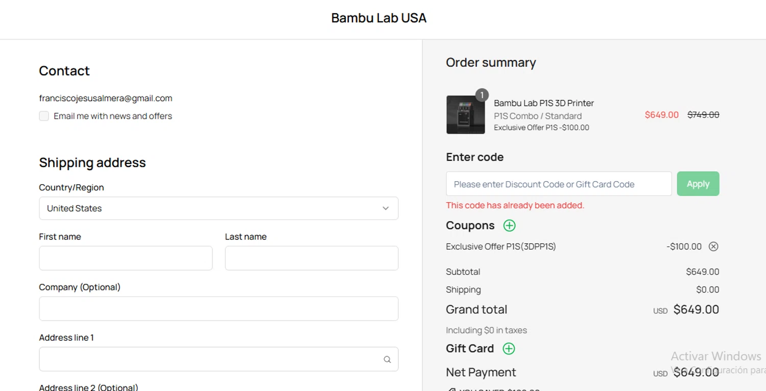 Bambu Lab USA Store discount code screenshot showing code 3DPP1S applied at Bambu Lab USA Store checkout page. Uploaded by SimplyCodes community member Francisco on Oct 22, 2025