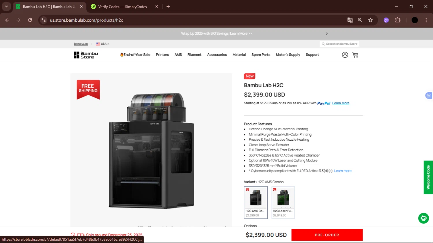 Bambu Lab USA Store discount code screenshot showing code 3DPX1C applied at Bambu Lab USA Store checkout page. Uploaded by SimplyCodes community member FrugalTiger5589 on Dec 8, 2025