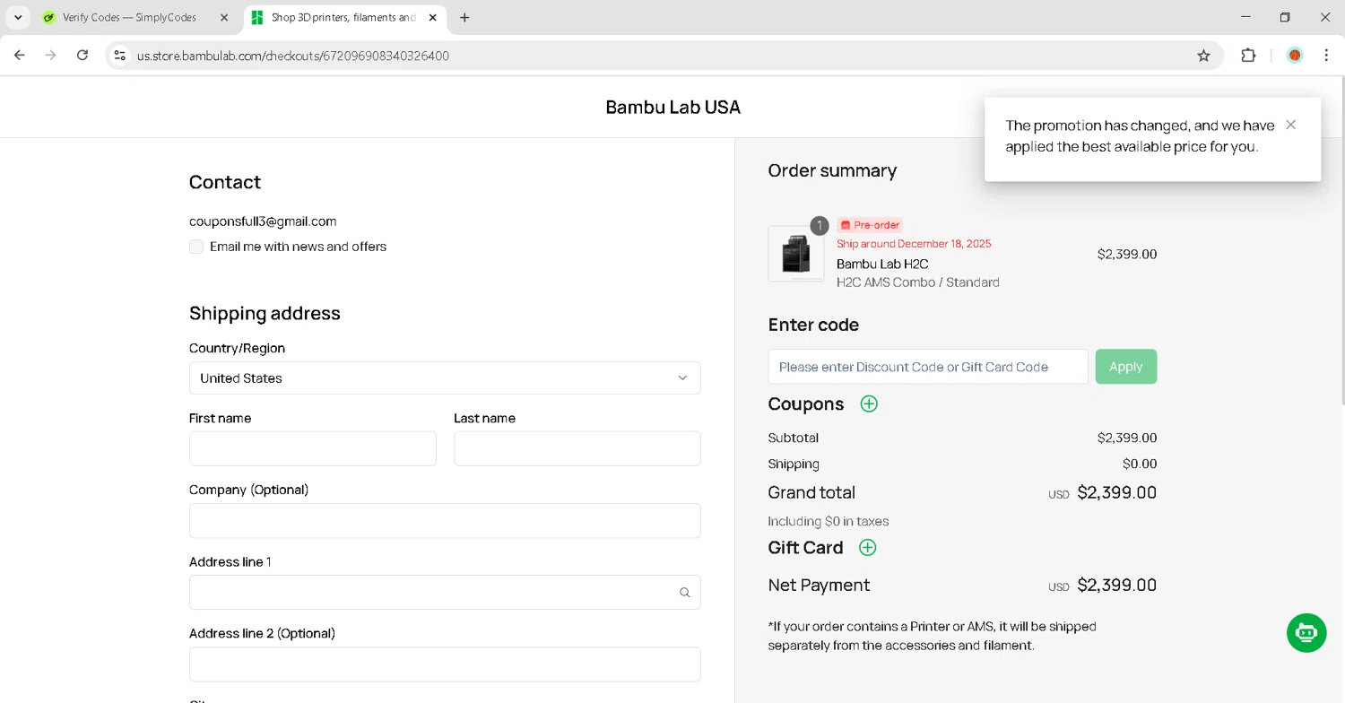 Bambu Lab USA Store discount code screenshot showing code 3DPX1C applied at Bambu Lab USA Store checkout page. Uploaded by SimplyCodes community member JosephStevens774 on Dec 1, 2025