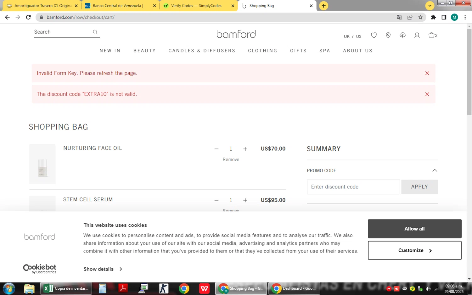 Bamford discount code screenshot showing code EXTRA10 applied at Bamford checkout page. Uploaded by SimplyCodes community member QuestSage1300 on Aug 29, 2025
