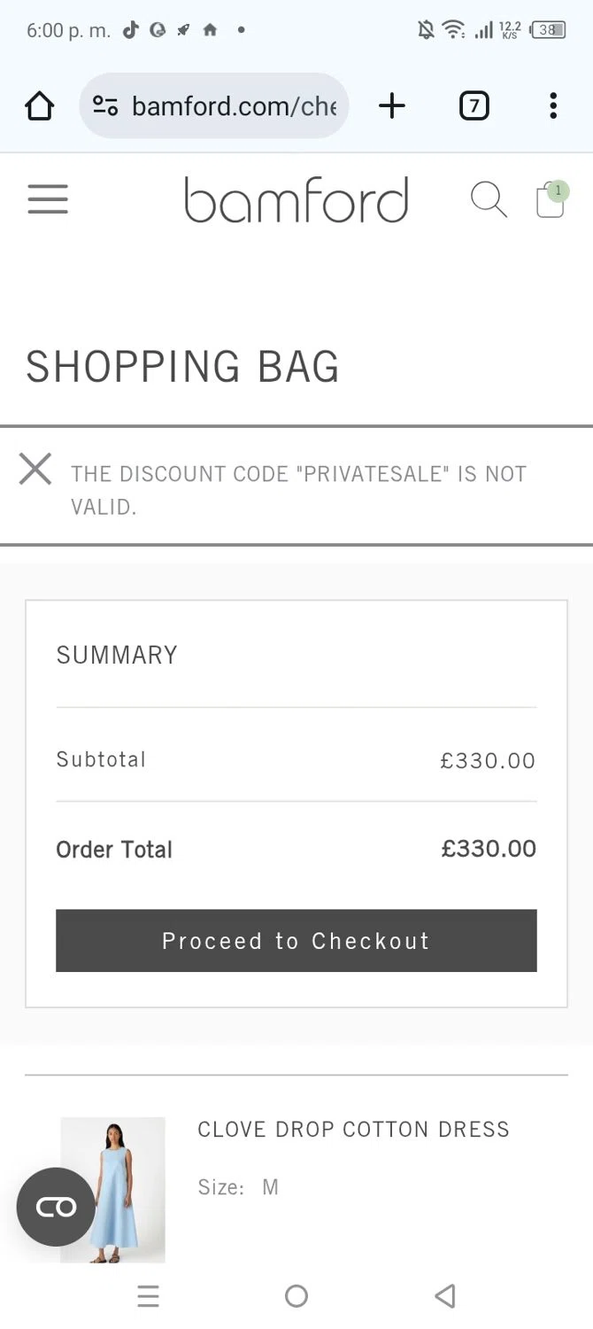 Bamford discount code screenshot showing code PRIVATESALE applied at Bamford checkout page. Uploaded by SimplyCodes community member CrownChaser1876 on Jun 28, 2025