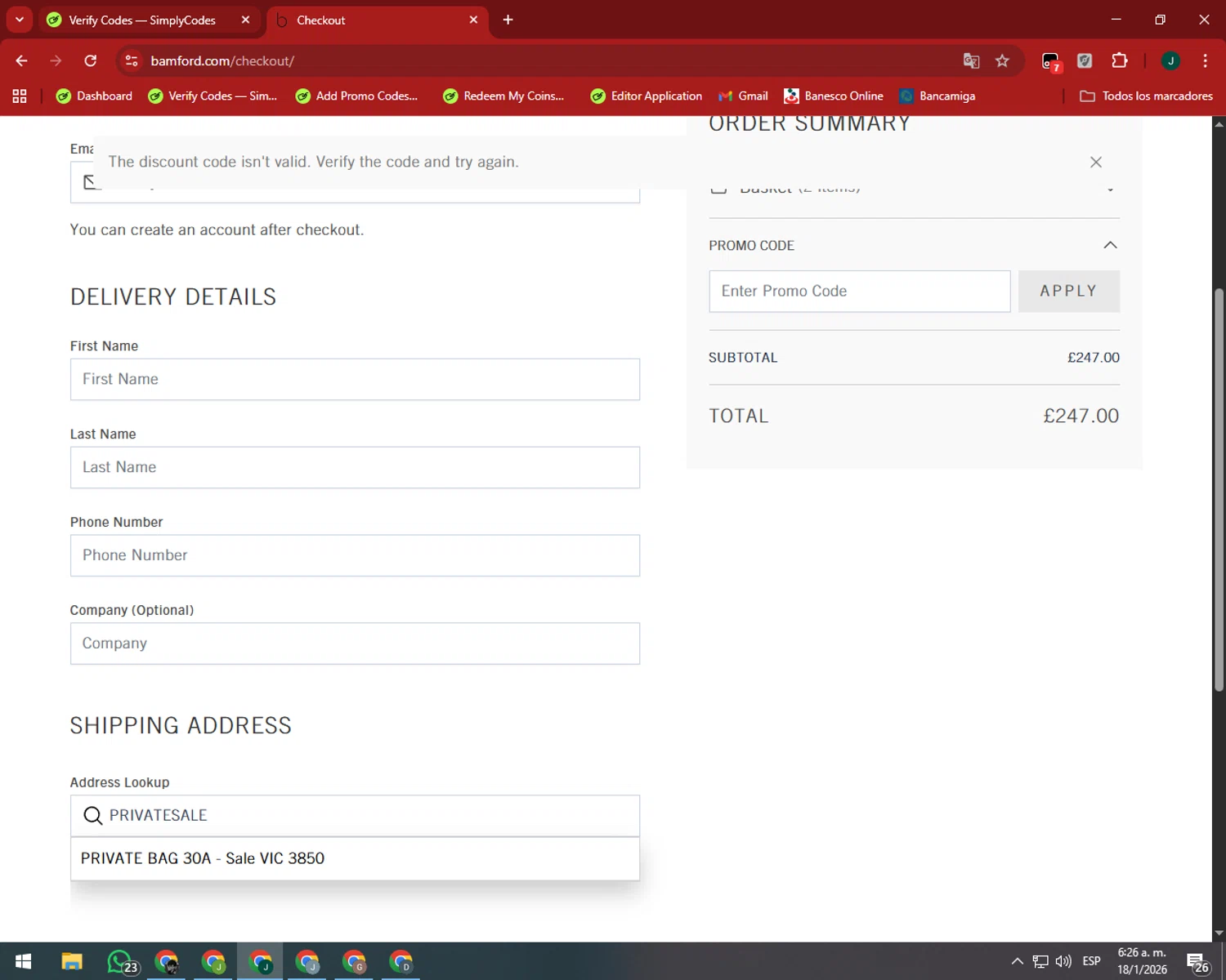 Bamford discount code screenshot showing code PRIVATESALE applied at Bamford checkout page. Uploaded by SimplyCodes community member SilverAdmiral2559 on Jan 18, 2026