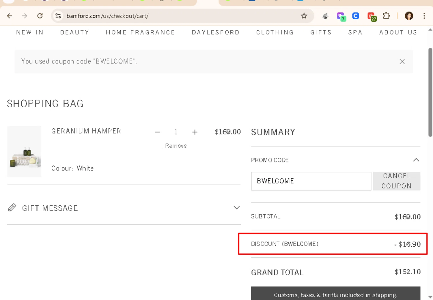 Bamford discount code screenshot showing code BWELCOME applied at Bamford checkout page. Uploaded by SimplyCodes community member AMANDA2681 on Dec 23, 2025