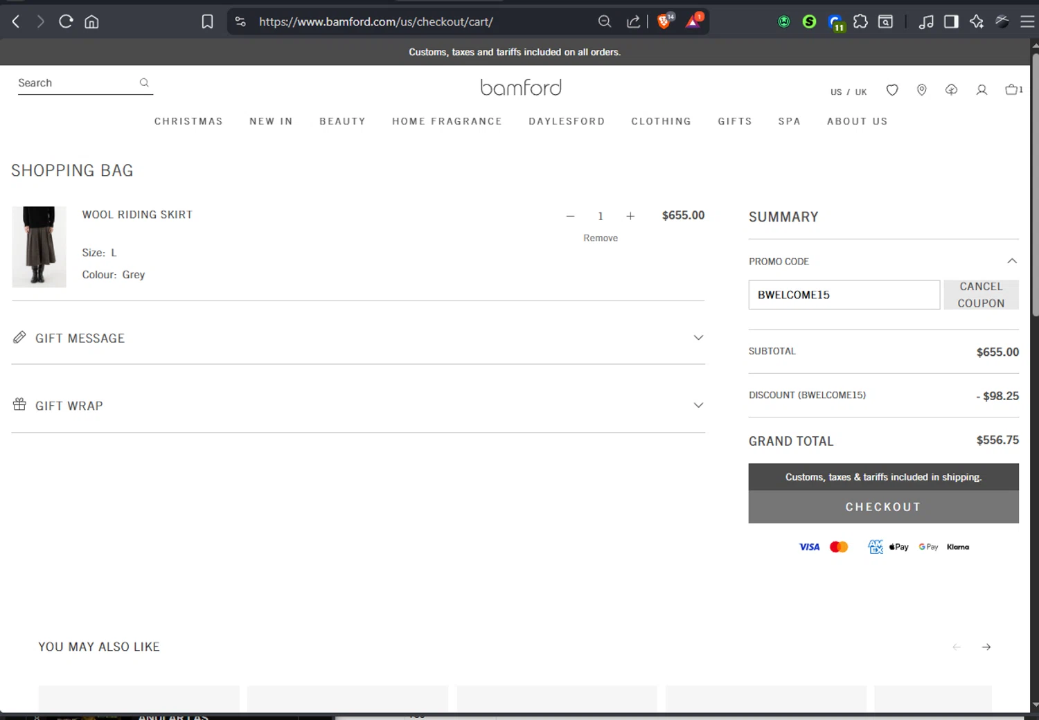 Bamford discount code screenshot showing code BWELCOME15 applied at Bamford checkout page. Uploaded by SimplyCodes community member Jmhernand1 on Dec 9, 2025