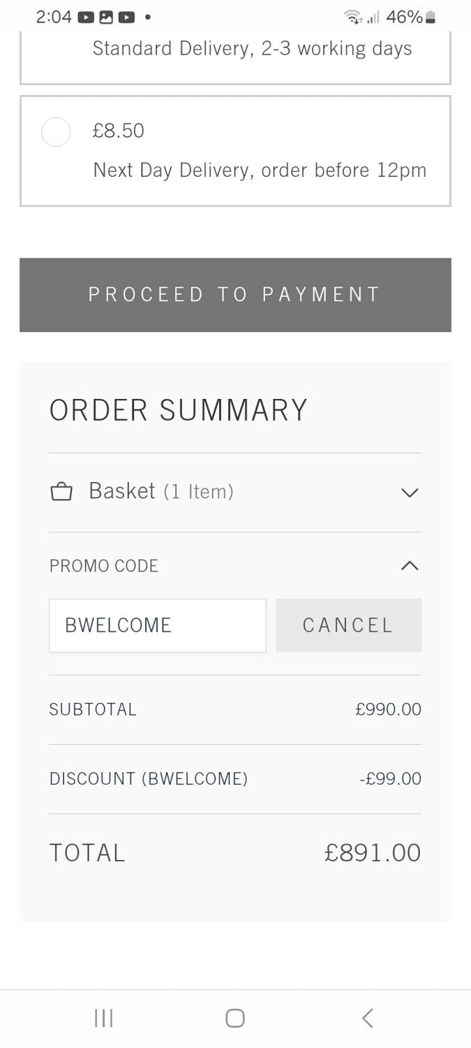 Bamford discount code screenshot showing code BWELCOME applied at Bamford checkout page. Uploaded by SimplyCodes community member ScanMaverick9378 on Feb 18, 2026