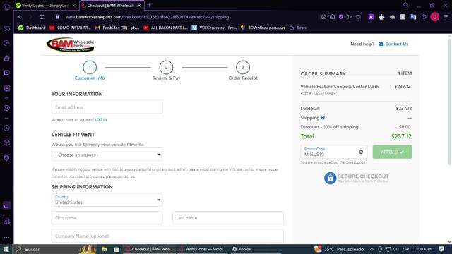 BAM Wholesale Parts checkout page showing BAM Wholesale Parts promo code box | Screenshot taken by SimplyCodes community member on Jul 3, 2024