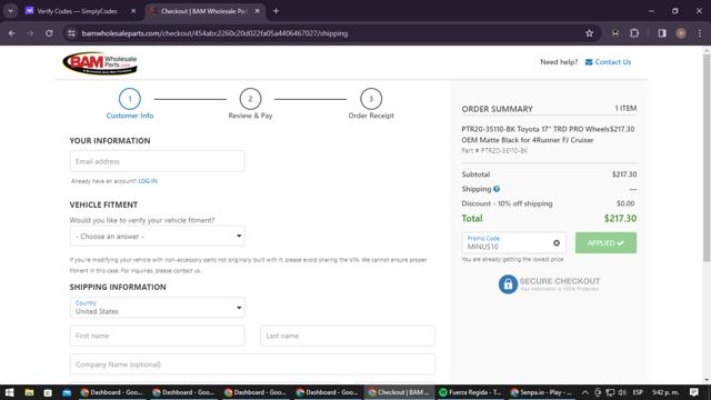BAM Wholesale Parts checkout page showing BAM Wholesale Parts promo code box | Screenshot taken by SimplyCodes community member on Feb 24, 2024