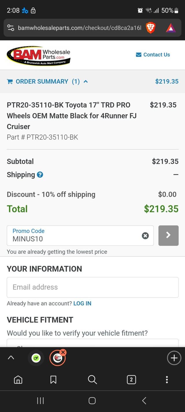 BAM Wholesale Parts checkout page showing BAM Wholesale Parts promo code box | Screenshot taken by SimplyCodes community member on Aug 30, 2024
