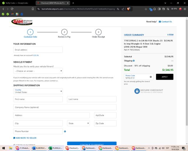 BAM Wholesale Parts checkout page showing BAM Wholesale Parts promo code box | Screenshot taken by SimplyCodes community member on Sep 19, 2024