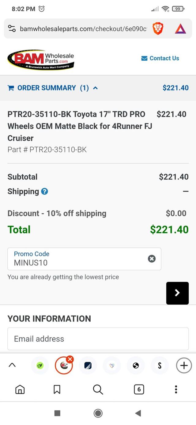 BAM Wholesale Parts checkout page showing BAM Wholesale Parts promo code box | Screenshot taken by SimplyCodes community member on Oct 20, 2024