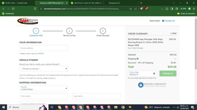 BAM Wholesale Parts checkout page showing BAM Wholesale Parts promo code box | Screenshot taken by SimplyCodes community member on Apr 25, 2024