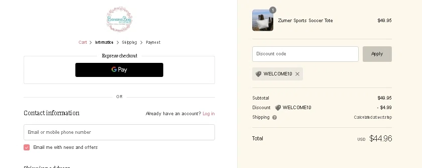 Banana Bug Designs checkout page showing Banana Bug Designs promo code box | Screenshot taken by SimplyCodes community member on May 16, 2022