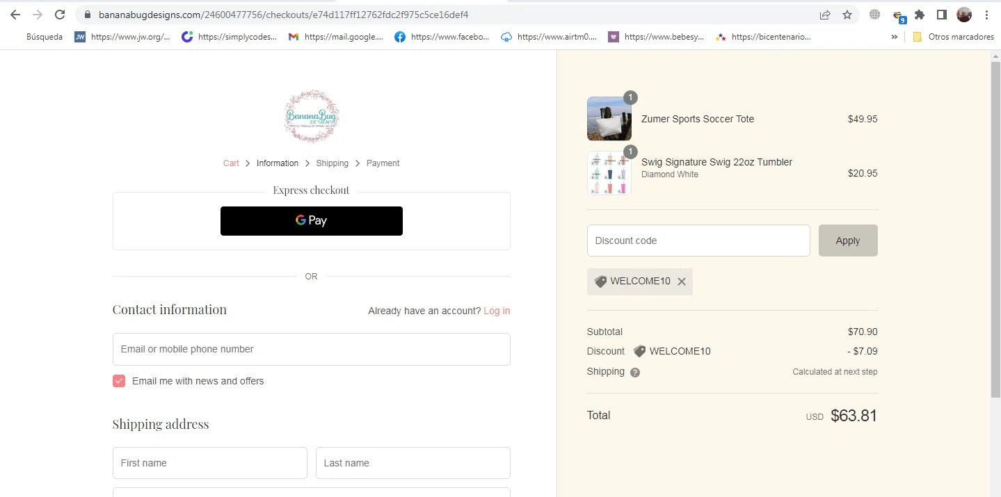 Banana Bug Designs checkout page showing Banana Bug Designs promo code box | Screenshot taken by SimplyCodes community member on Jun 18, 2022