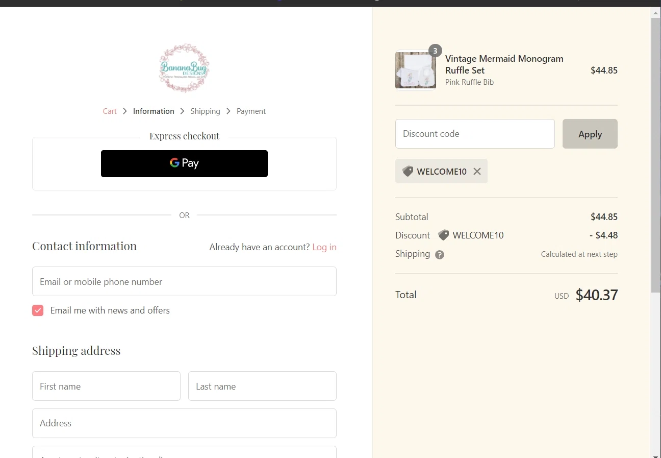 Banana Bug Designs checkout page showing Banana Bug Designs promo code box | Screenshot taken by SimplyCodes community member on Mar 11, 2022