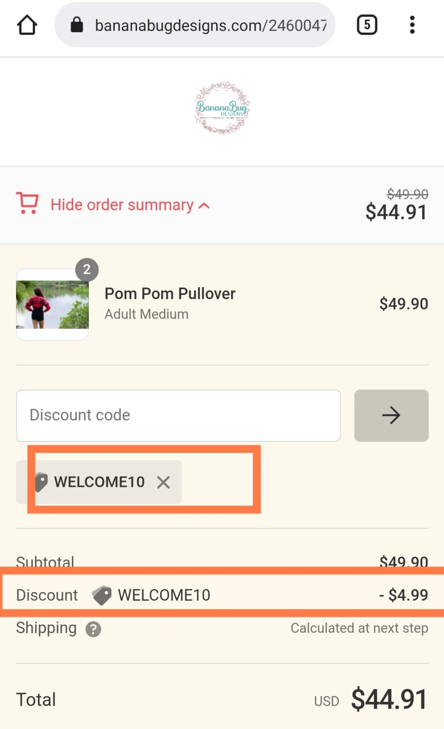 Banana Bug Designs checkout page showing Banana Bug Designs promo code box | Screenshot taken by SimplyCodes community member on Jun 18, 2022