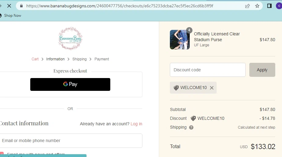 Banana Bug Designs checkout page showing Banana Bug Designs promo code box | Screenshot taken by SimplyCodes community member on Jun 18, 2022