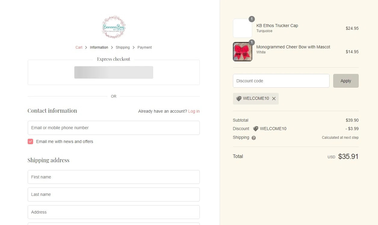Banana Bug Designs checkout page showing Banana Bug Designs promo code box | Screenshot taken by SimplyCodes community member on May 16, 2022