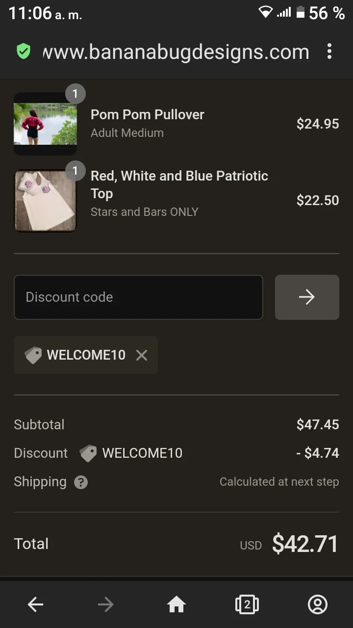 Banana Bug Designs checkout page showing Banana Bug Designs promo code box | Screenshot taken by SimplyCodes community member on Apr 17, 2022