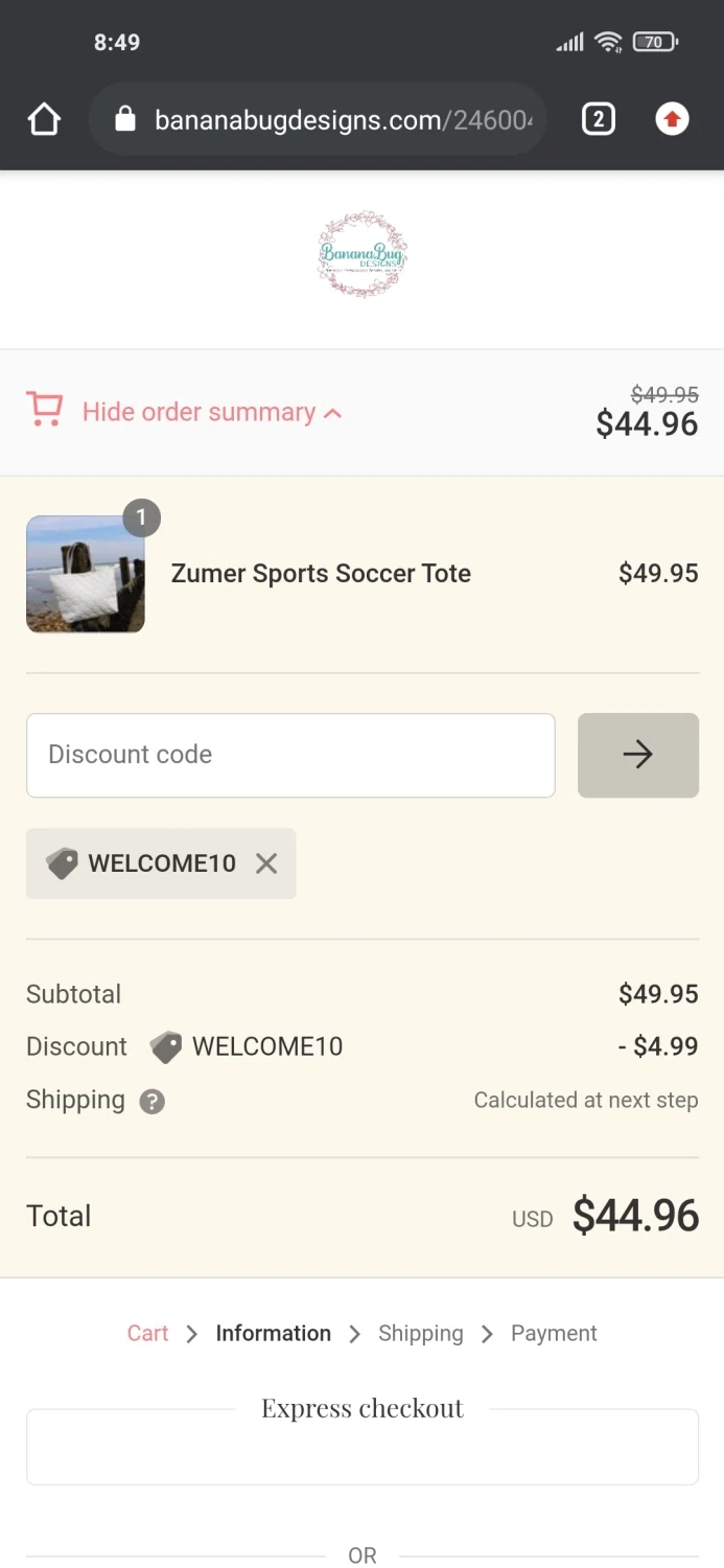Banana Bug Designs checkout page showing Banana Bug Designs promo code box | Screenshot taken by SimplyCodes community member on Apr 17, 2022