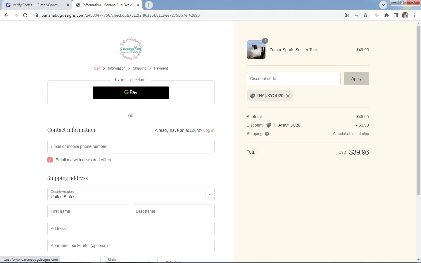 Banana Bug Designs checkout page showing Banana Bug Designs promo code box | Screenshot taken by SimplyCodes community member on Jul 14, 2022