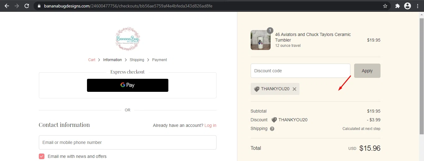 Banana Bug Designs checkout page showing Banana Bug Designs promo code box | Screenshot taken by SimplyCodes community member on May 7, 2022