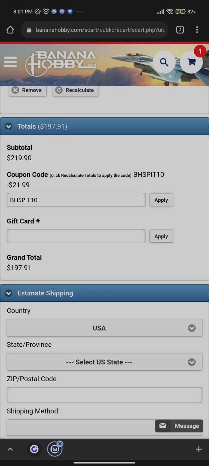 Banana Hobby checkout page showing Banana Hobby discount code box | Screenshot taken by SimplyCodes community member on Mar 15, 2022